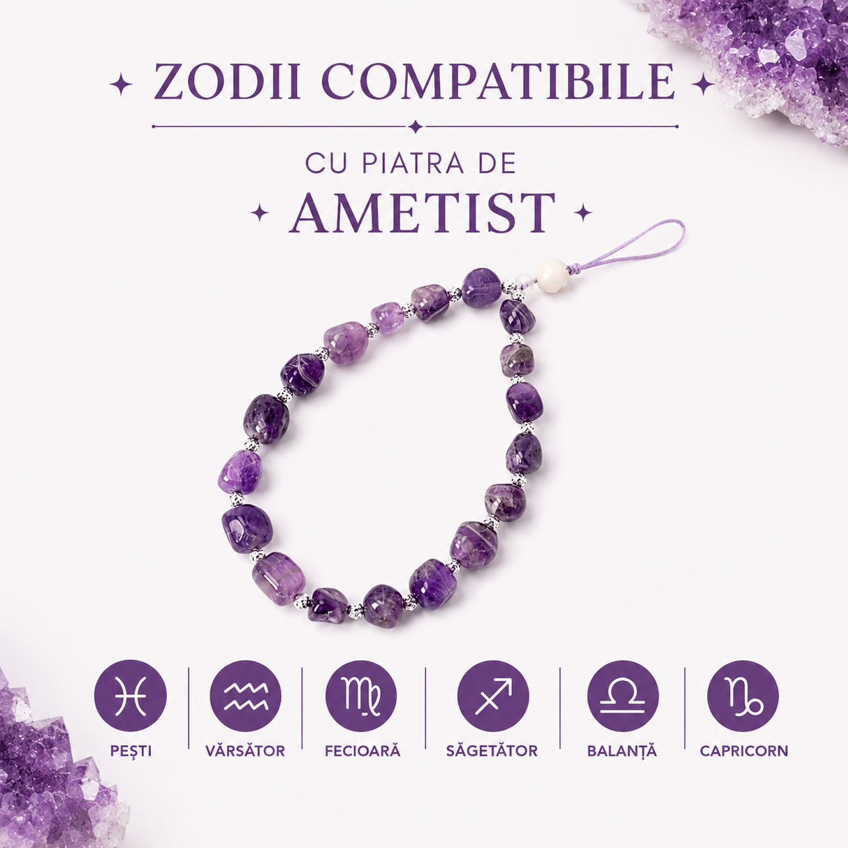 Charm cu Ametist, cadou simbolic pentru iubitorii de cristale