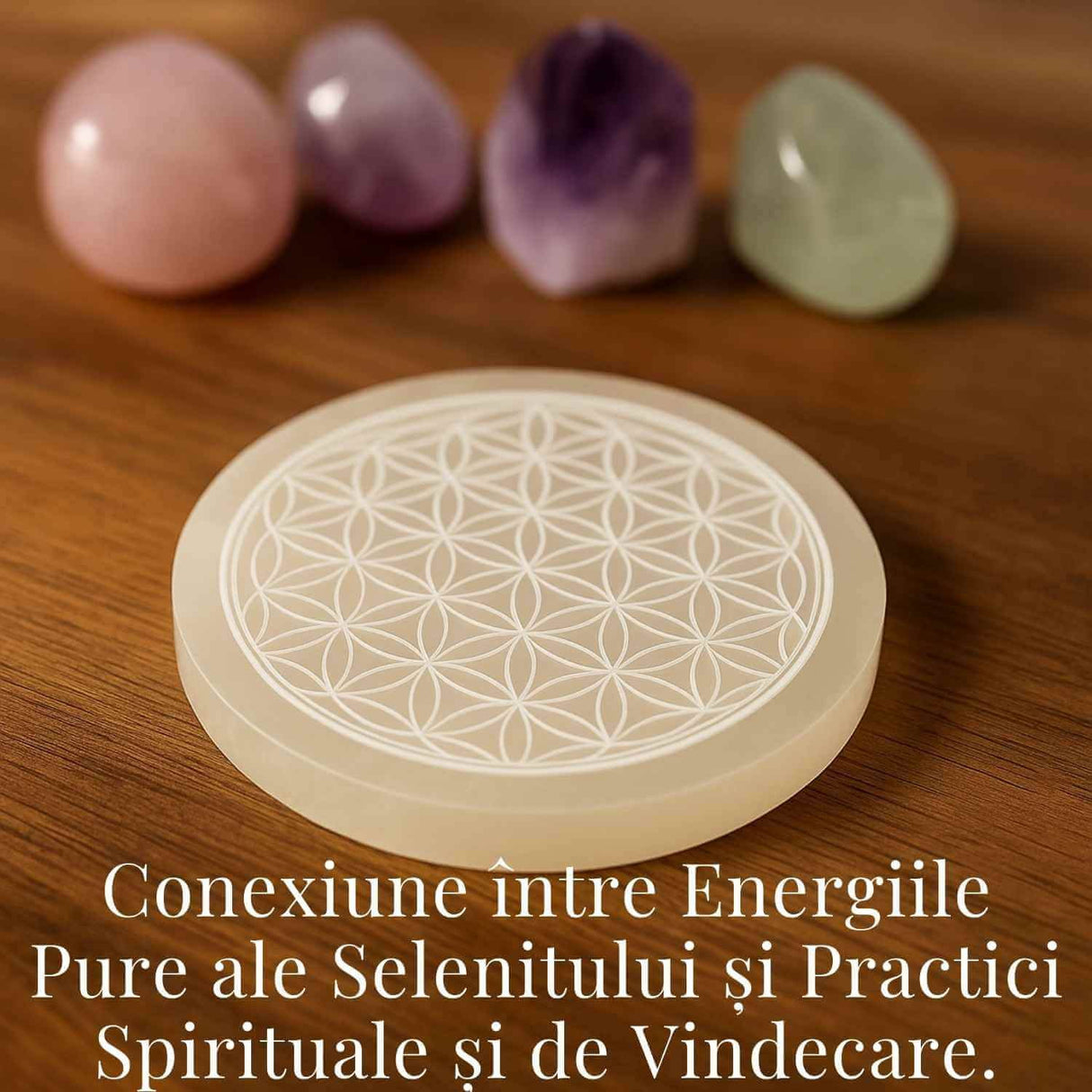 Placa Selenit cu Floarea Vietii – Purificare, Armonie si Reincarcare Energetica 10.5 cm