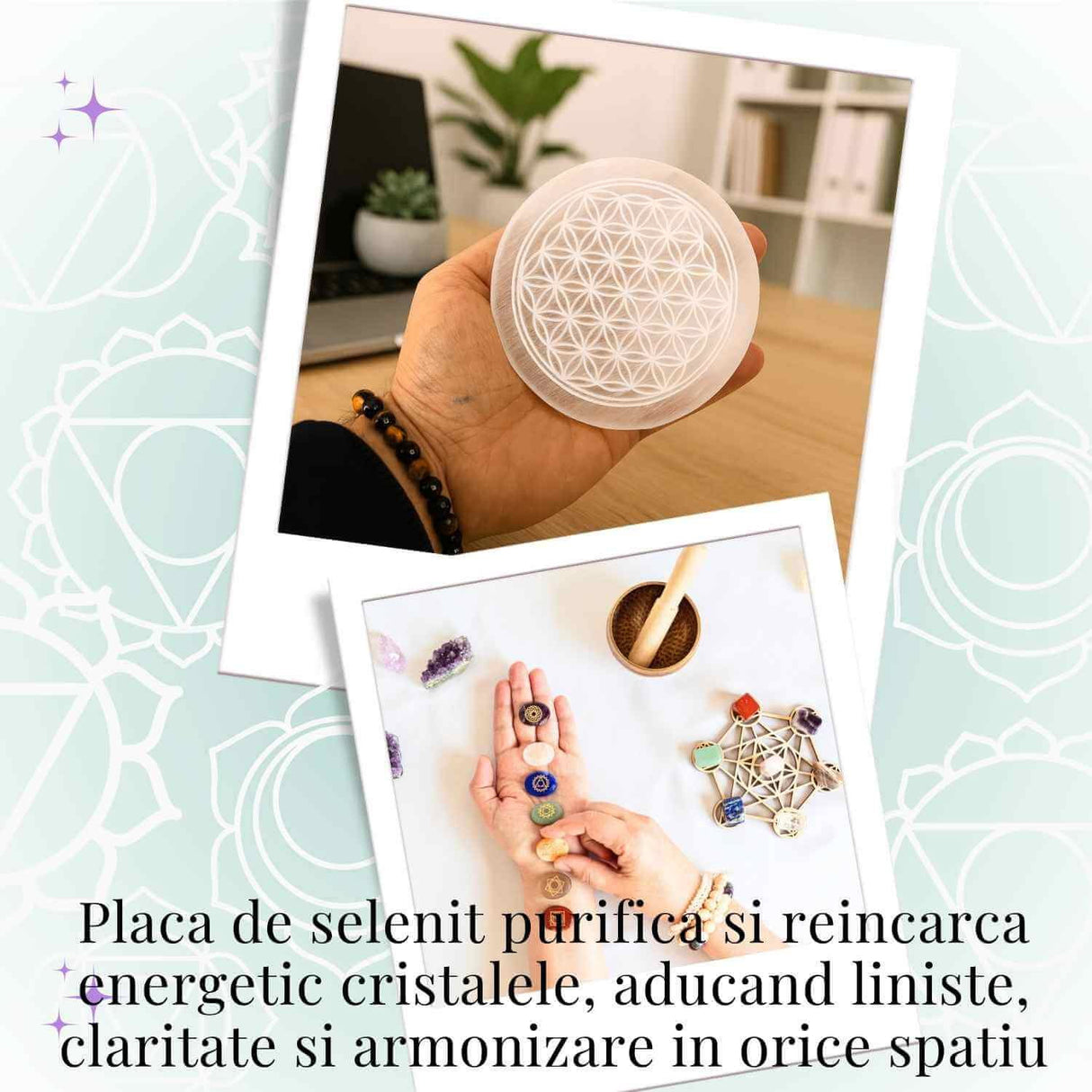 Placa Selenit cu Floarea Vietii – Purificare, Armonie si Reincarcare Energetica 10.5 cm