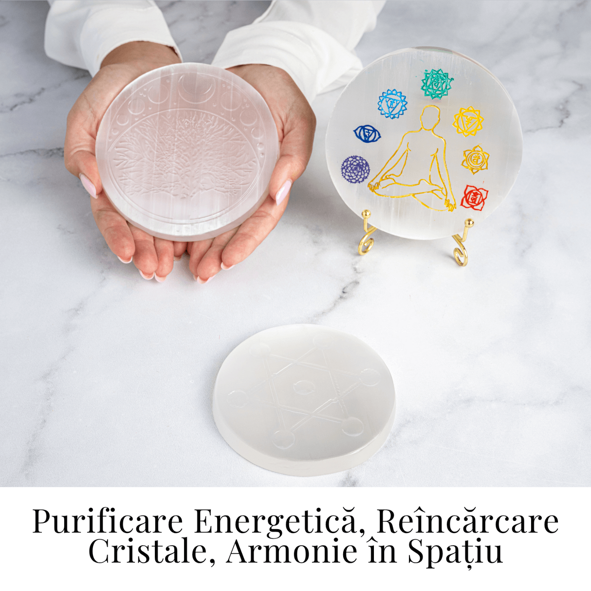 Disc Rotund din Selenit Natural 12cm - Placa cu Simbolul Metatron pentru Purificare si Protectie Energetica