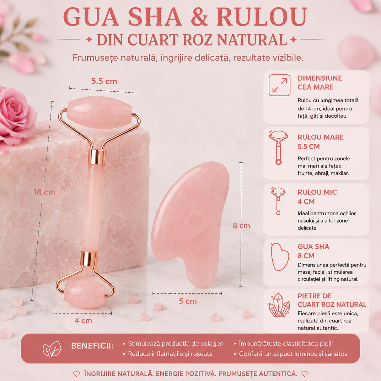 Set Gua Sha si Roller din Cuart Roz Natural – Frumusete, Relaxare si Energie Pozitiva