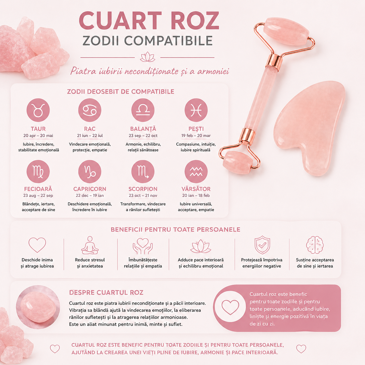 Set Gua Sha si Roller din Cuart Roz Natural – Frumusete, Relaxare si Energie Pozitiva