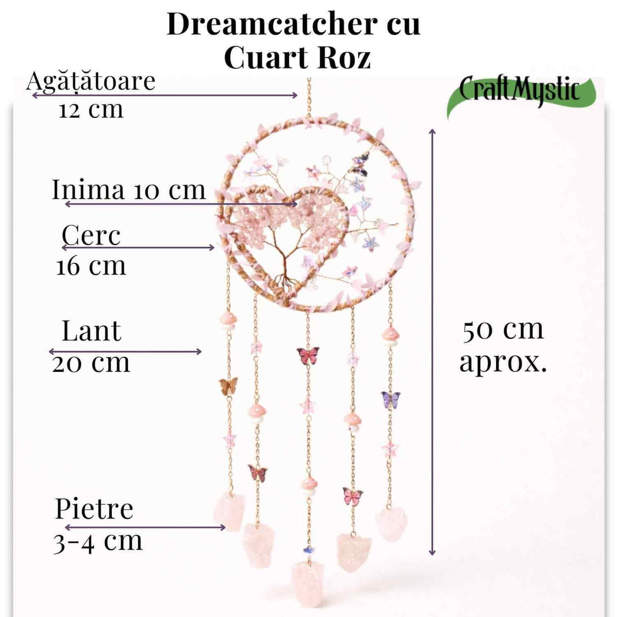 Dreamcatcher cu cuart roz, un simbol al blandetii, iubirii si linistii interioare