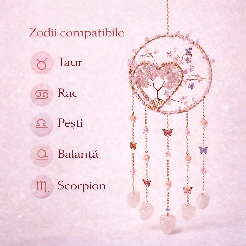 Dreamcatcher cu cuart roz, un simbol al blandetii, iubirii si linistii interioare