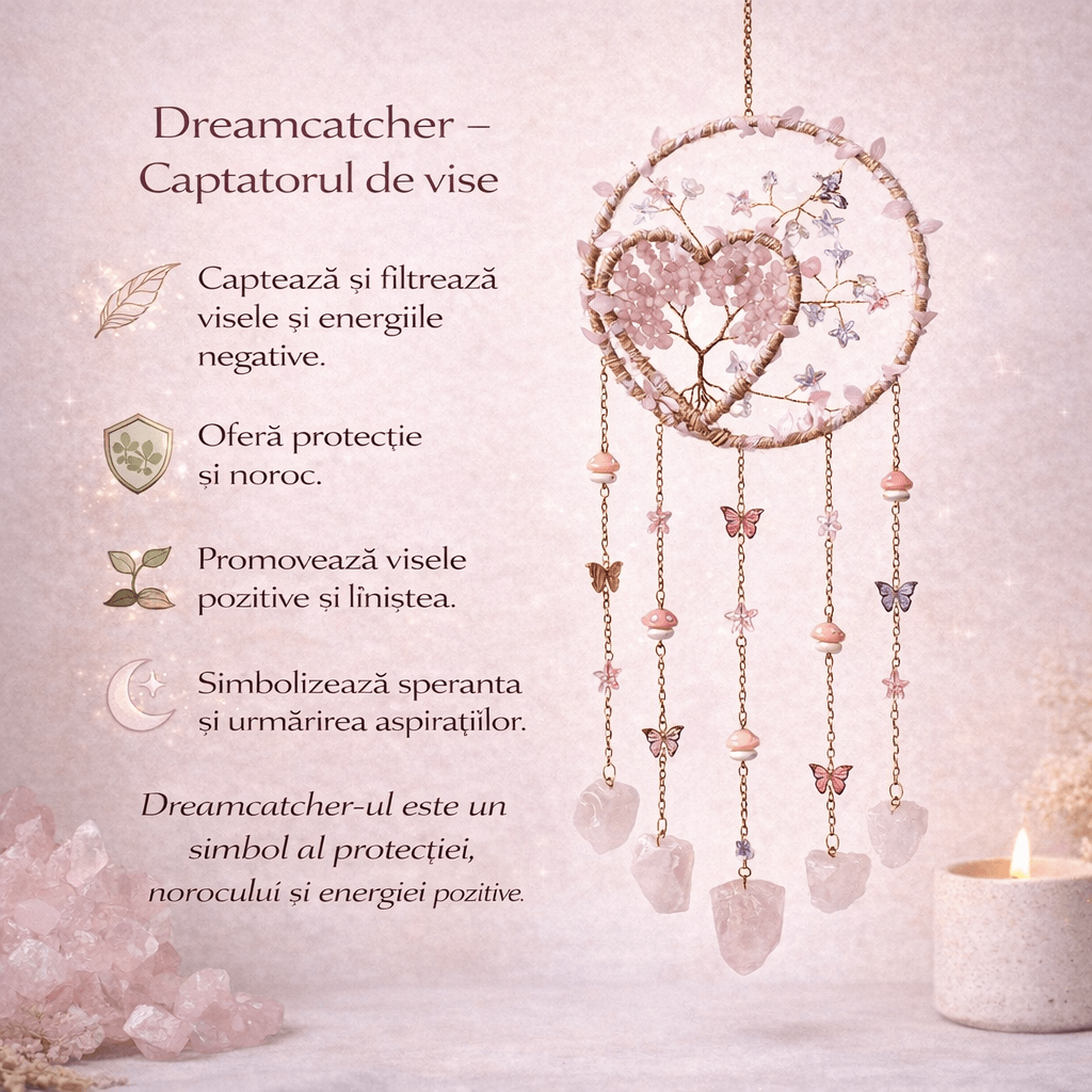 Dreamcatcher cu cuart roz, un simbol al blandetii, iubirii si linistii interioare