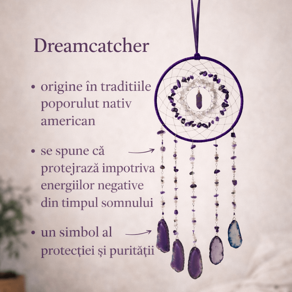 Dreamcatcher cu ametist, cuart transparent si agat – un simbol al claritatii si linistii interioare