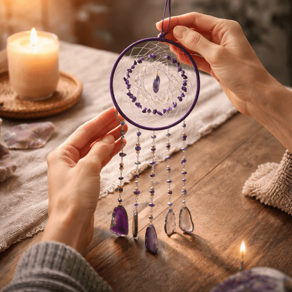 Dreamcatcher arborele vietii cu ametist – un simbol al claritatii si linistii interioare
