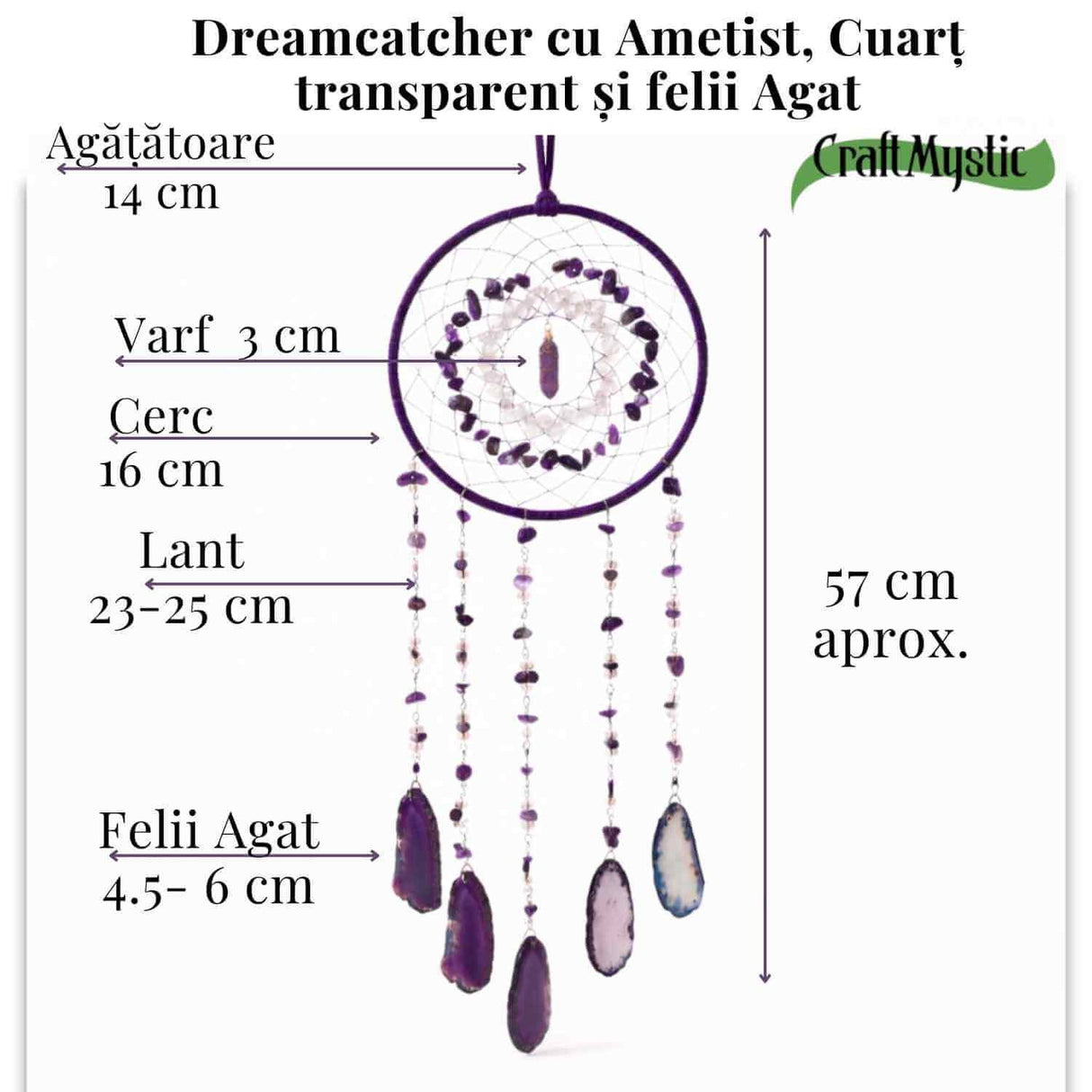 Dreamcatcher cu ametist, cuart transparent si agat – un simbol al claritatii si linistii interioare