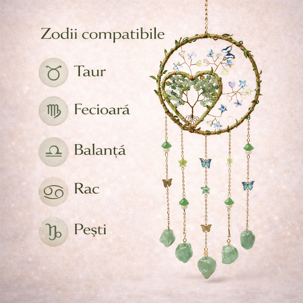 Dreamcatcher cu aventurin verde, un simbol al inimii deschise si al echilibrului natural