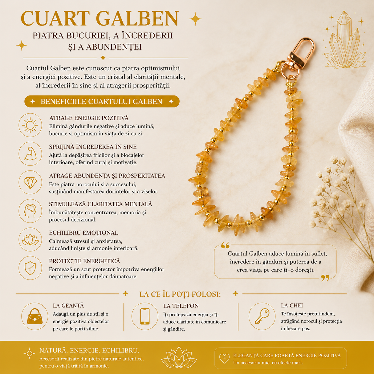 Charm cu Cuarț galben, cadou simbolic pentru iubitorii de cristale
