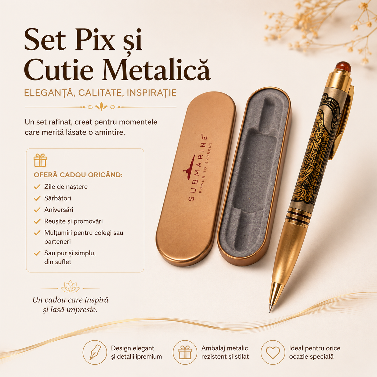 Pix metalic cu Rudraksha și cutie metalică, design auriu