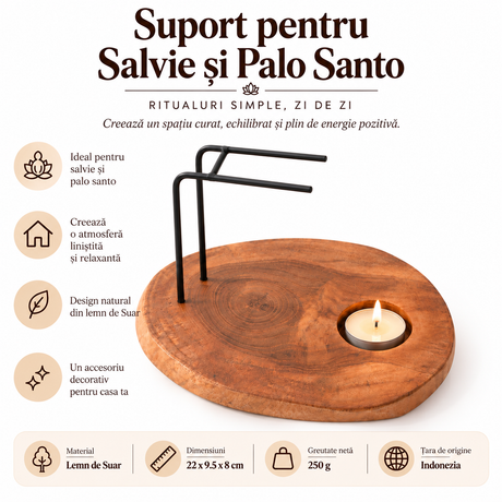 Suport din lemn de Suar pentru salvie și Palo Santo cu lumânare