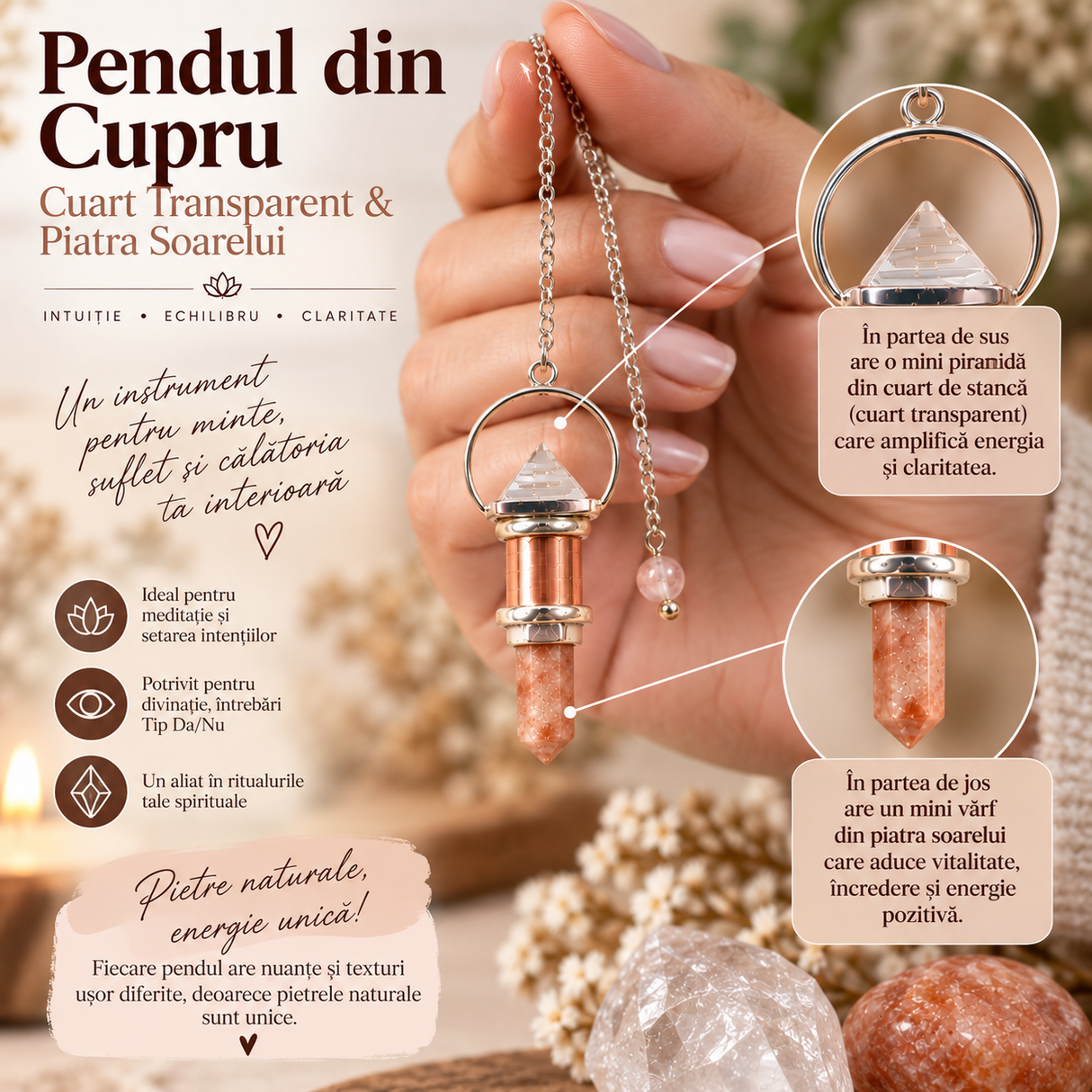Pendul din cupru cu Cuarț Transparent și Piatra Soarelui naturală