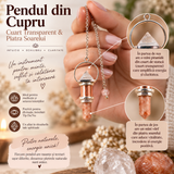 Pendul din cupru cu Cuarț Transparent și Piatra Soarelui naturală