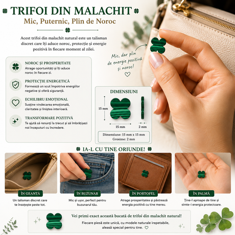 Talisman trifoi cu patru foi din malachit, simbol de noroc