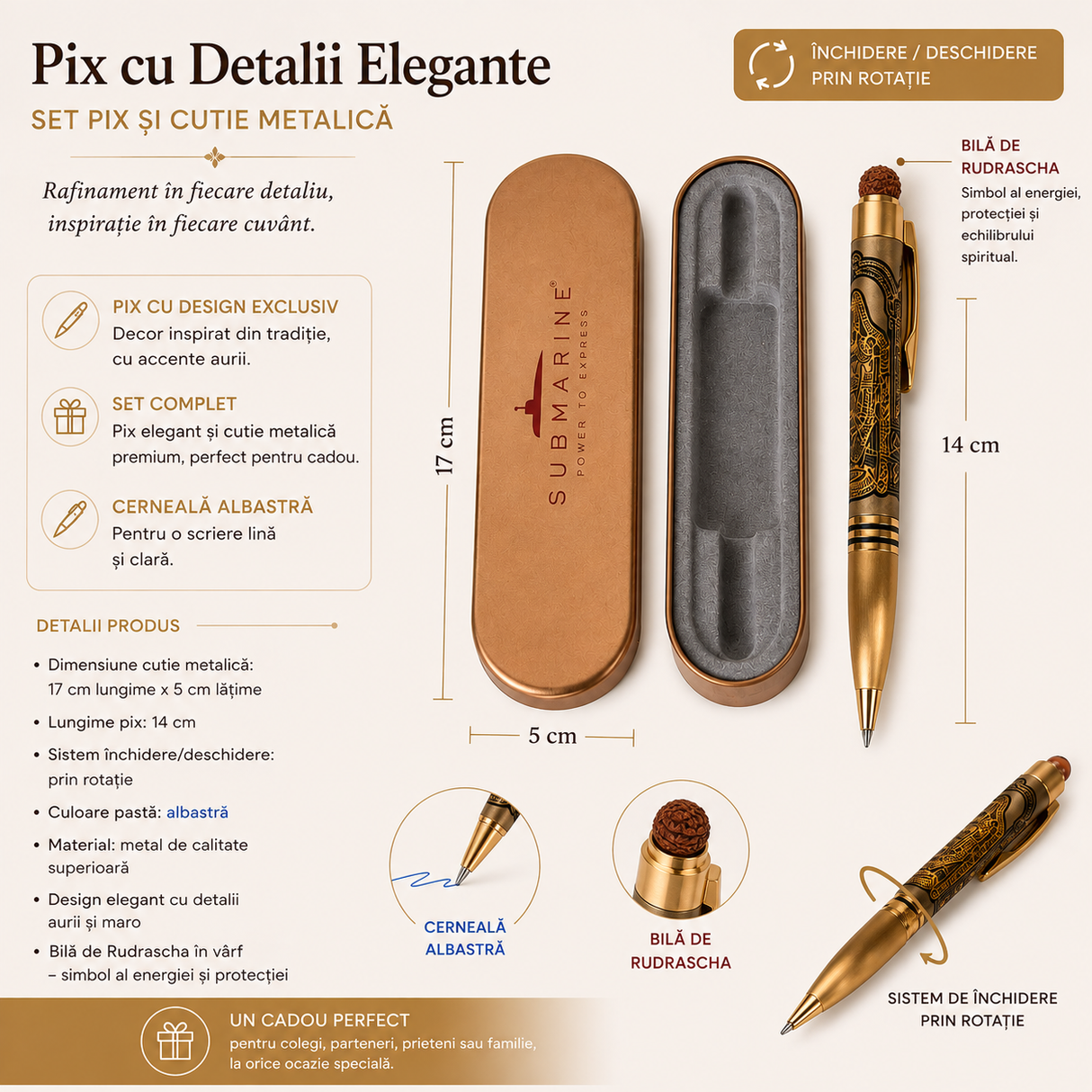 Pix metalic cu Rudraksha și cutie metalică, design auriu