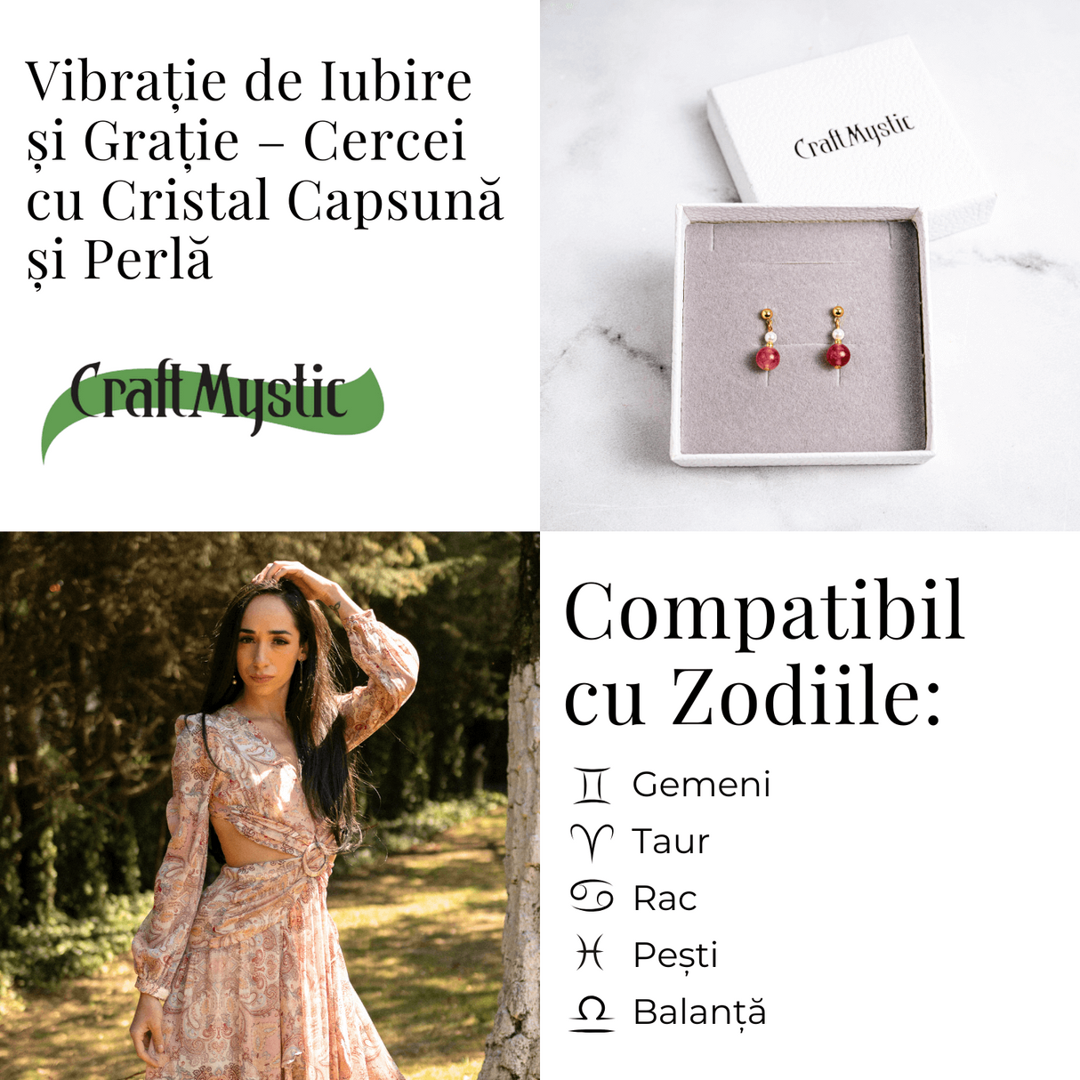 Vibratie de Iubire si Gratie - Cercei cu Perla si Cristal Capsuna