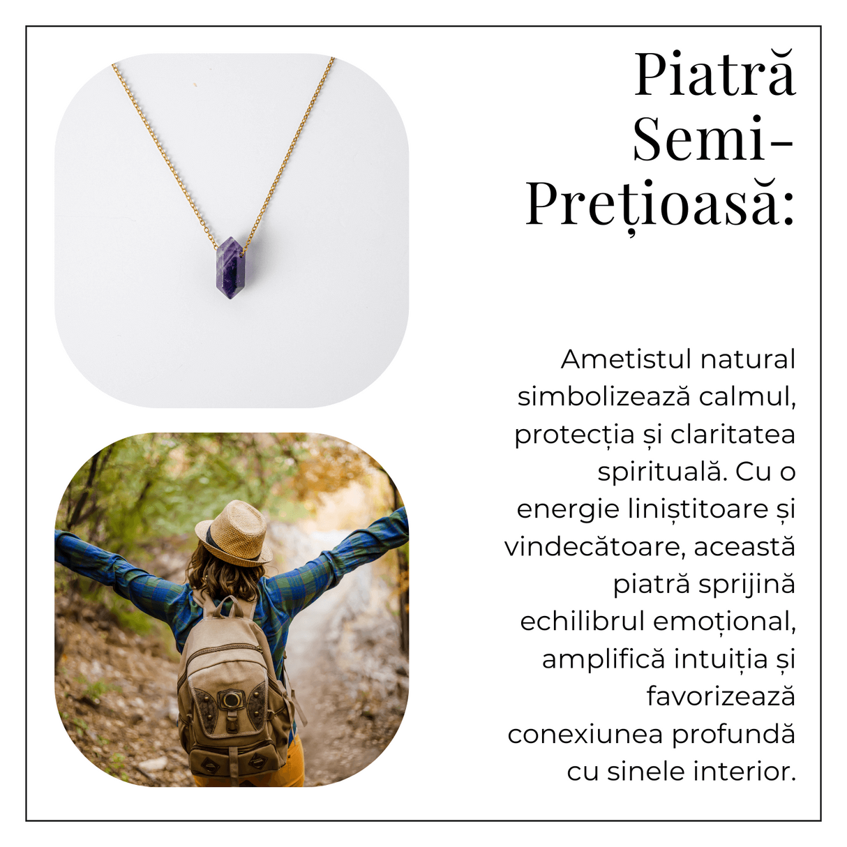 Calm si Echilibru - Colier din Ametist Natural cu Lant din Otel Inoxidabil
