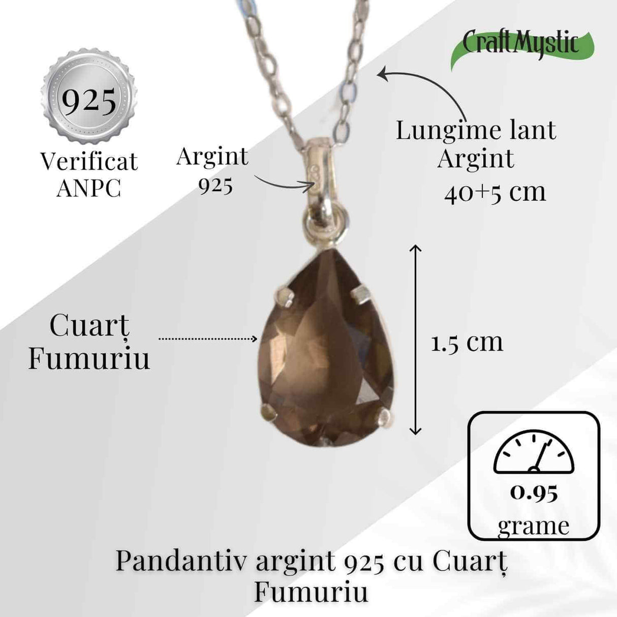 Echilibru si Protectie - Colier Cuart Fumuriu fatetat Lacrima Argint 925
