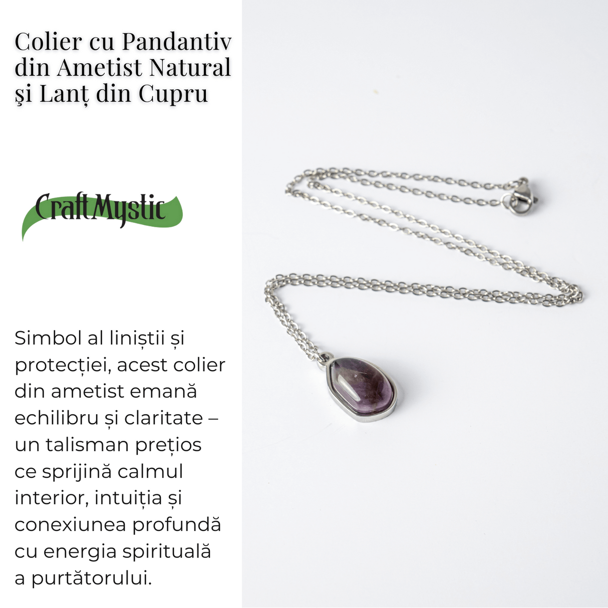 Echilibru si Liniste - Colier din Ametist Natural cu Lant din Otel Inoxidabil
