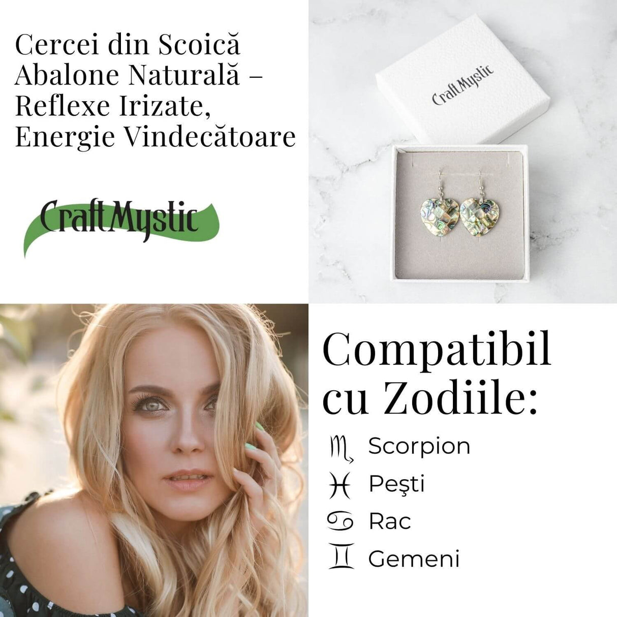 Armonie si Frumusete Naturala - Cercei Inima cu Scoica Abalone