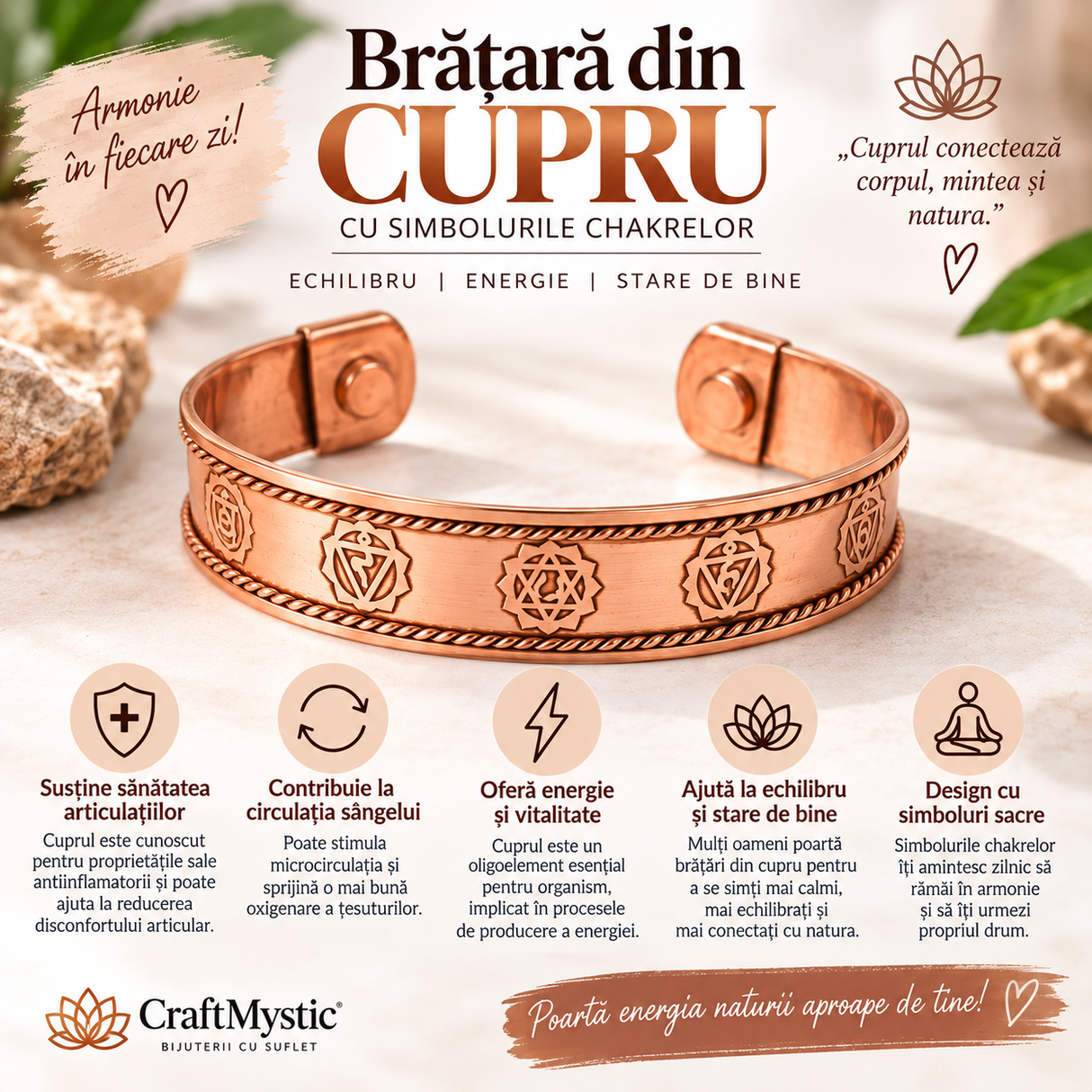 Brățară din cupru cu simbolurile celor 7 chakre