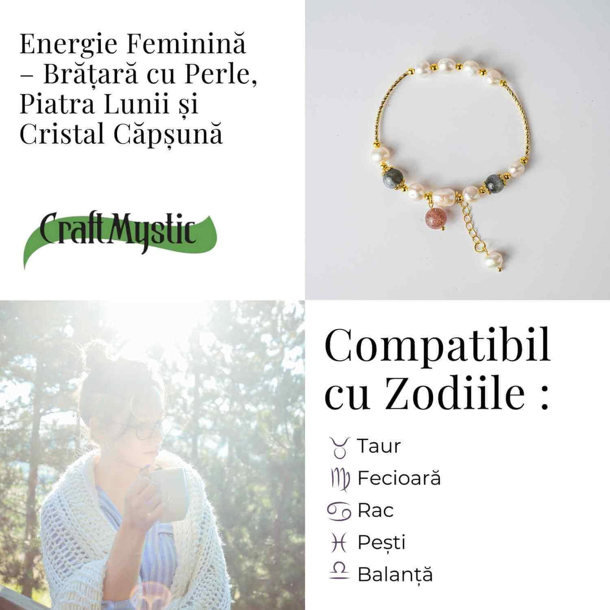 Energie Feminina- Bratara cu Perle, Piatra lunii si Cristal Capsuna
