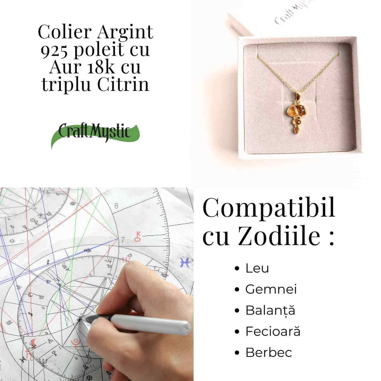 Energie Pozitiva si Prosperitate -Colier inox si pandantiv argint 925 placat cu aur de18k si Triplu Citrin