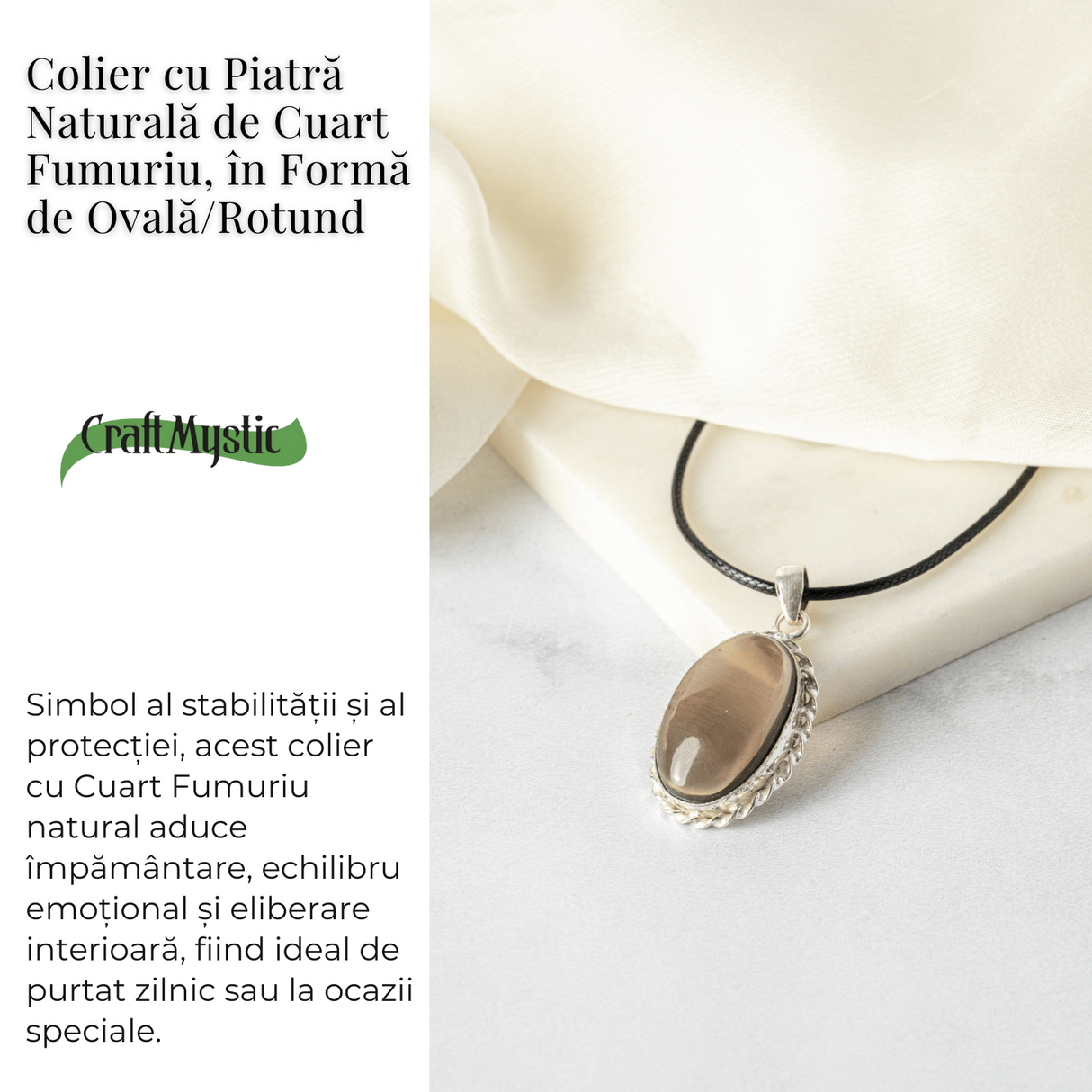 Colier cu Cuart Fumuriu Natural Oval/Rotund - Protectie si Echilibru