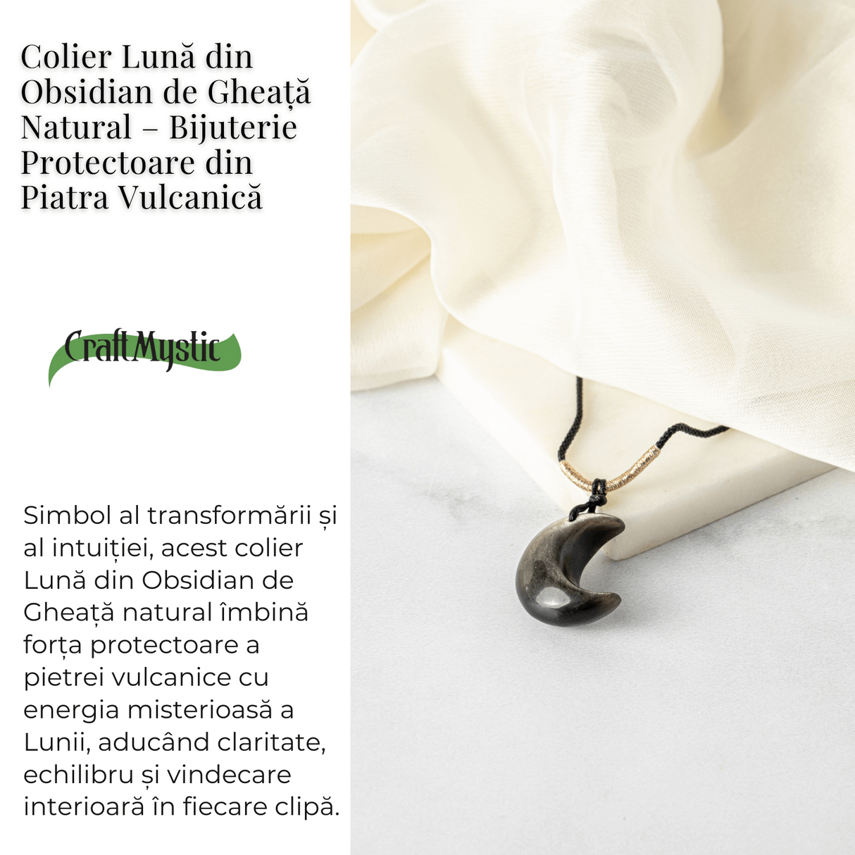 Protectie si Claritate - Colier Luna din Obsidian de Gheata Natural