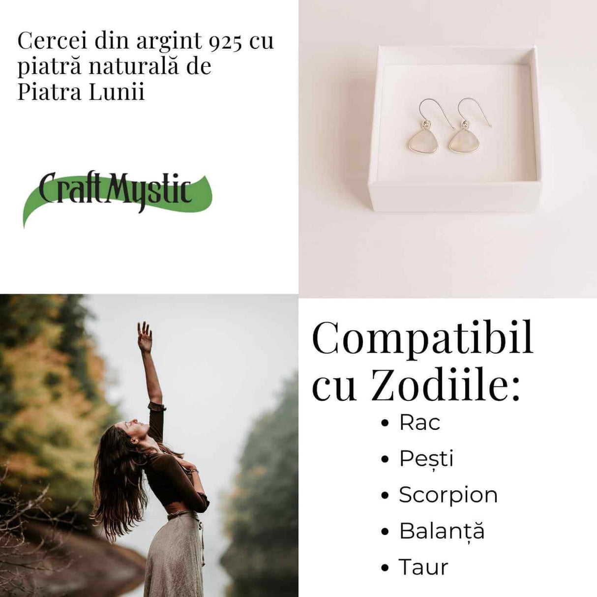 Cercei Argint 925 cu Piatra Lunii Triunghi Rotunjit - Armonie si Intuitie