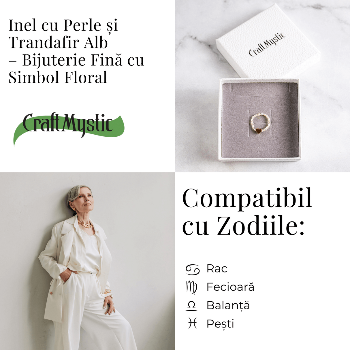 Bijuterie fina cu simbol floral - Inel cu perle si trandafir alb