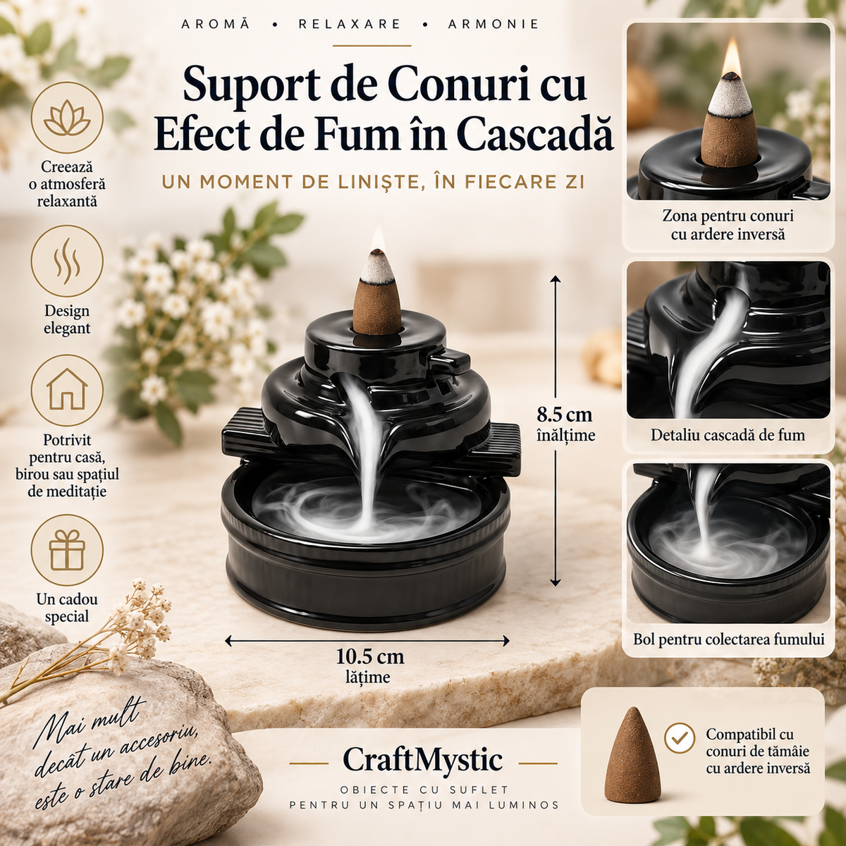 Suport pentru Conuri Backflow Zen Flow – Design Minimalist