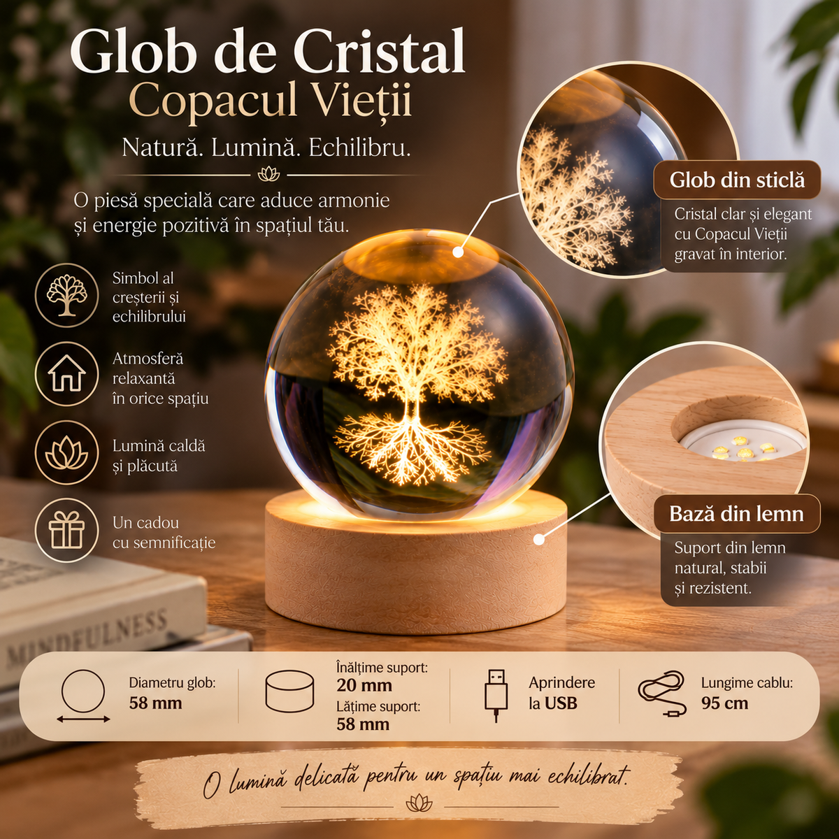 Lampă glob din sticlă Copacul Vieții cu bază din lemn