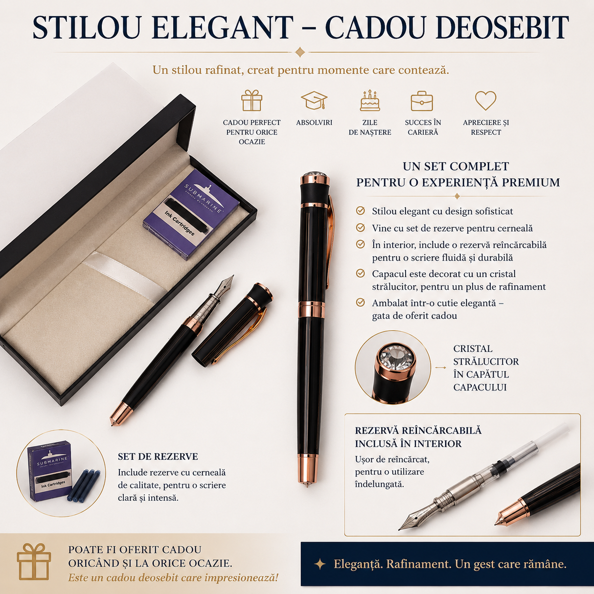 Set stilou Submarine negru cu auriu în cutie de prezentare