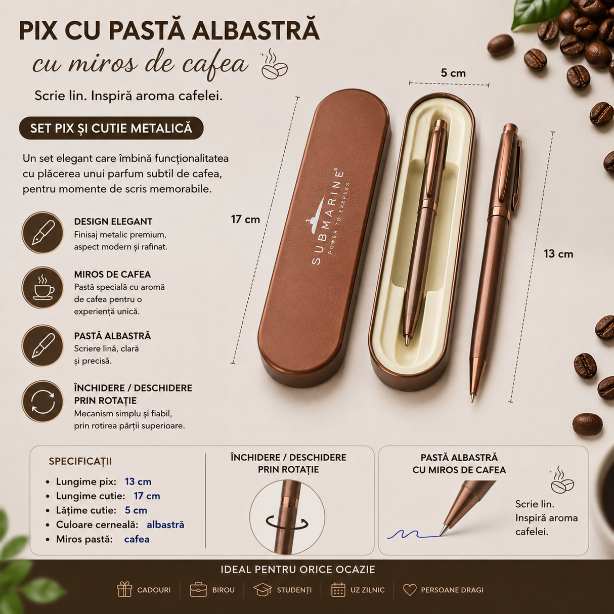 Pix metalic arămiu cu inel striat și pastă parfumată cu cafea