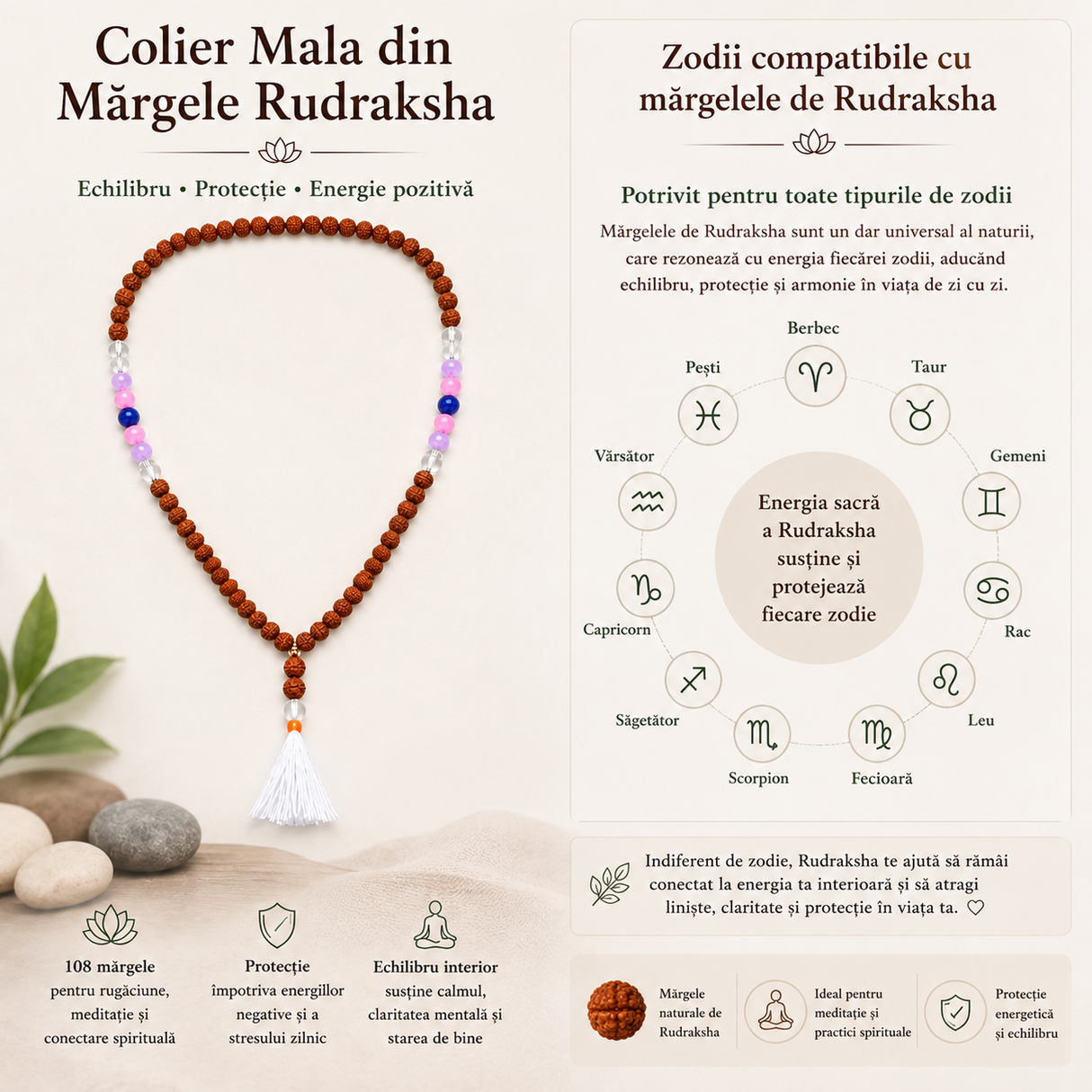 Colier Mala din Rudraksha cu 108 mărgele din pietre naturale mixte
