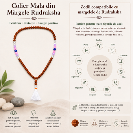 Colier Mala din Rudraksha cu 108 mărgele din pietre naturale mixte