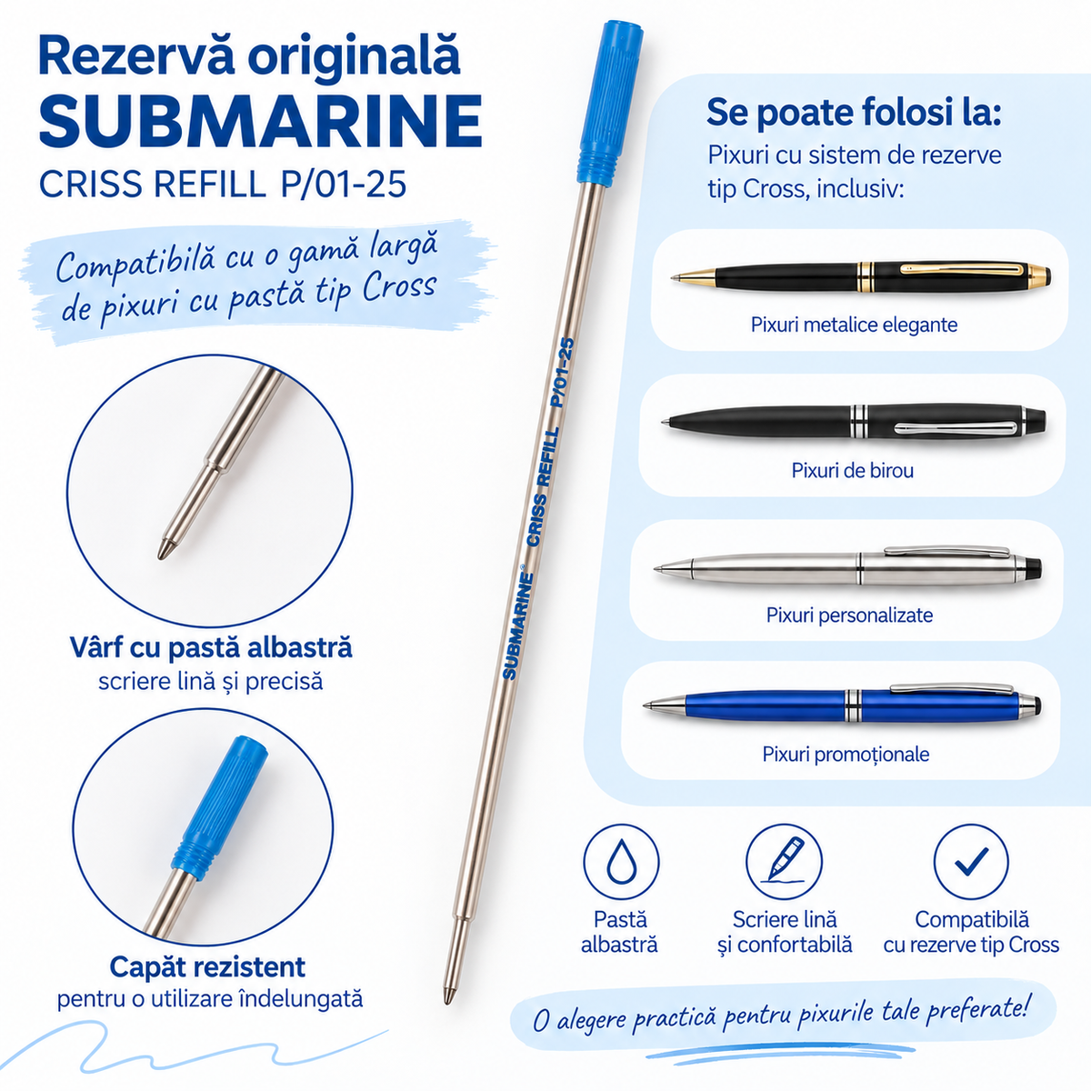 Rezervă pix Submarine CRISS P/01-25 cu pastă albastră