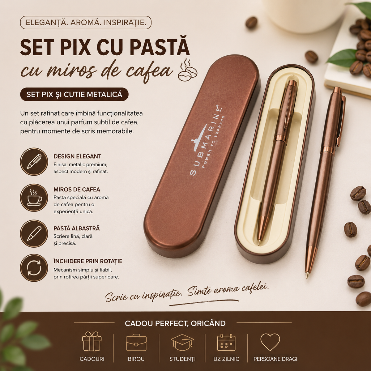 Pix metalic arămiu cu inel striat și pastă parfumată cu cafea