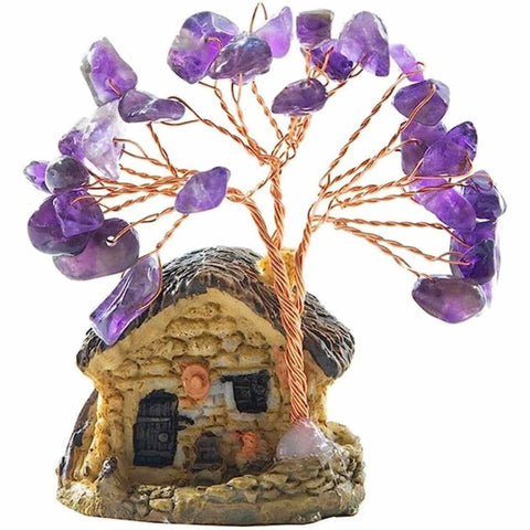 Figurina căsuță cu ramuri din cristale naturale Ametist - Decorațiune interior sau exterior, pentru casă, birou, acvariu
