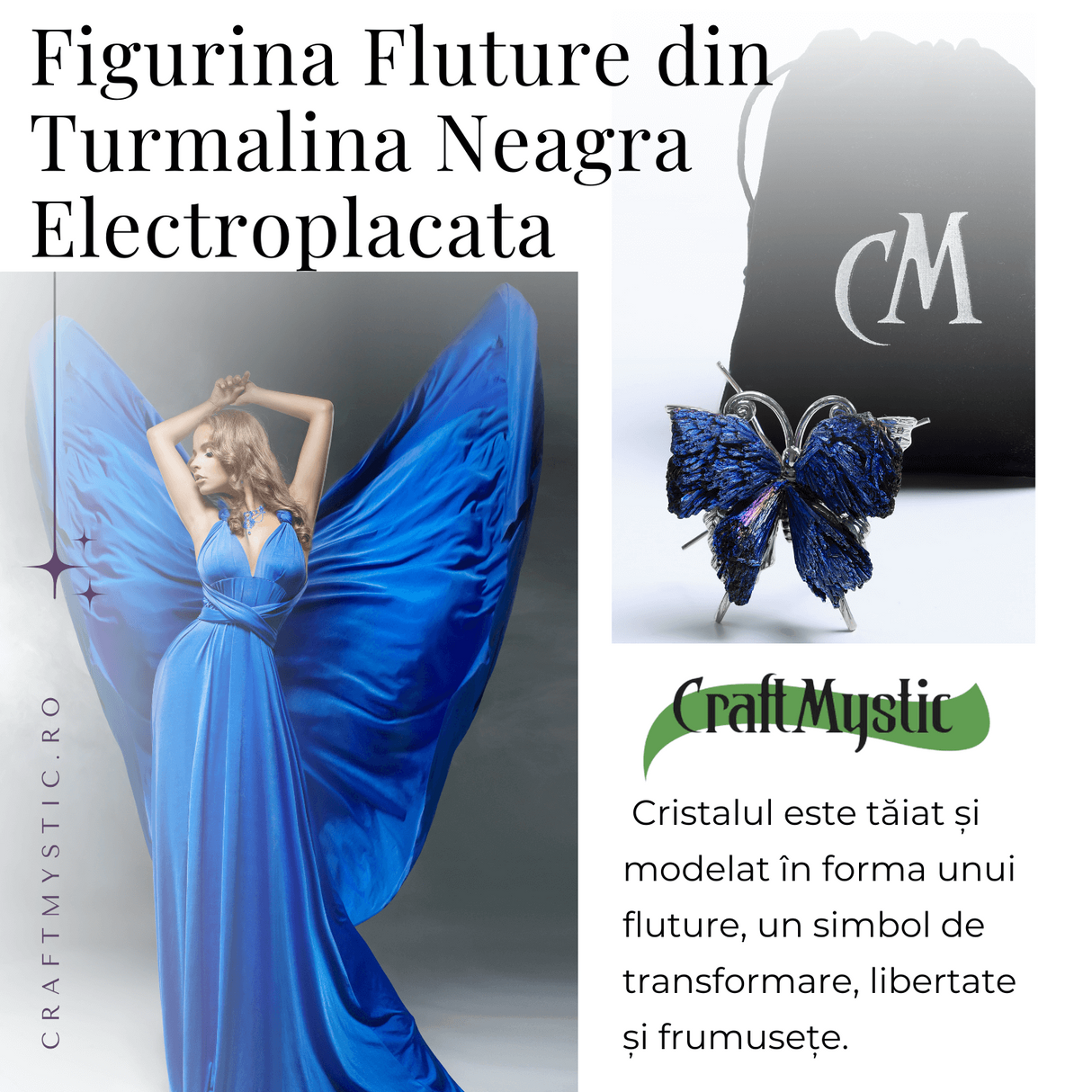 Figurina Fluture din Turmalina Neagra Electroplacata - Protectie si Transformare