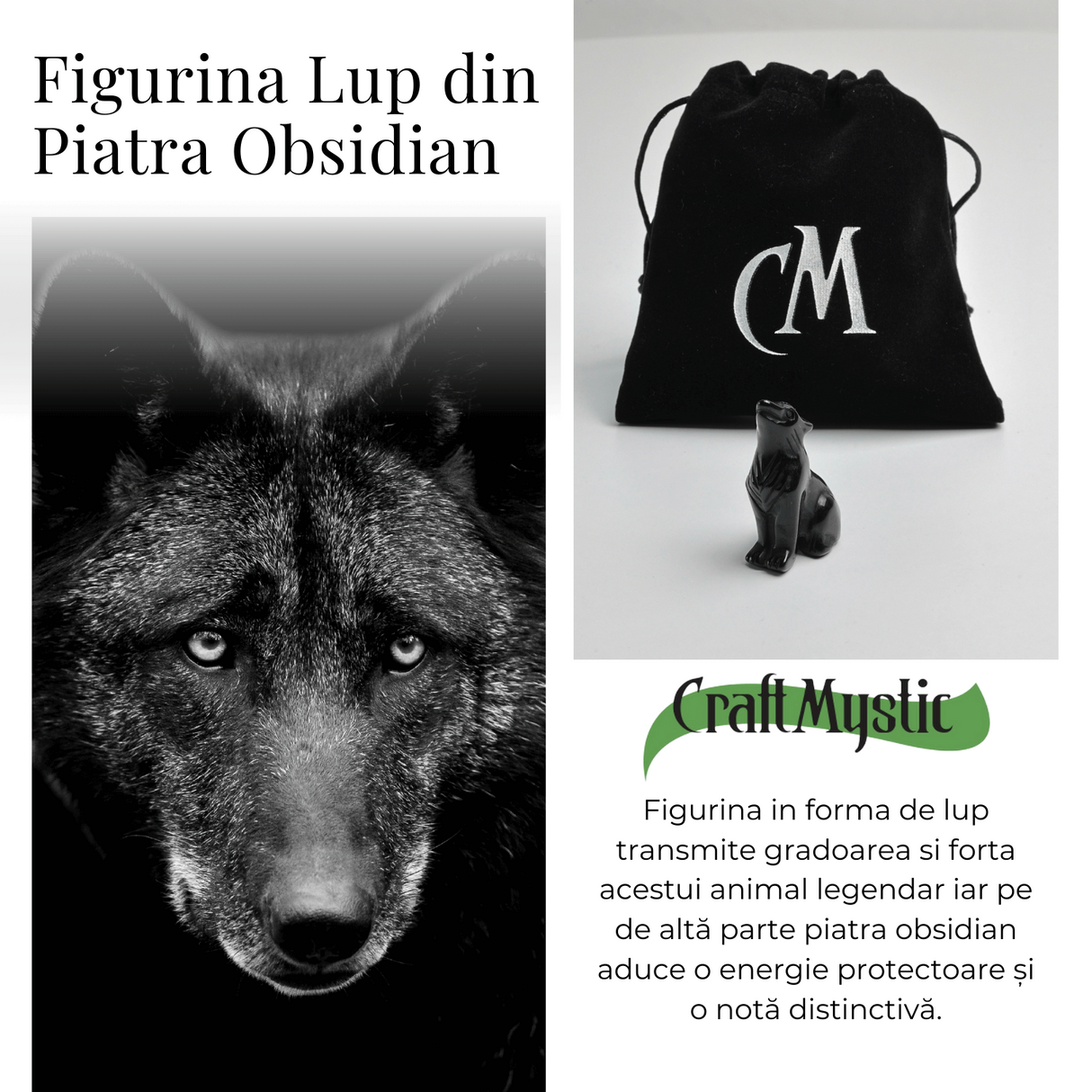 Figurina Lup din Obsidian Natural, 5 cm - Protector Energetic si Sprijin in Transformare