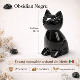 Pisica din Obsidian Negru natural Mexic – protectie Feng Shui, noroc si echilibru energetic