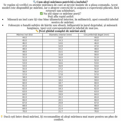 Ghid de mărimi pentru inele CraftMystic — mărime EU, diametru interior și circumferință