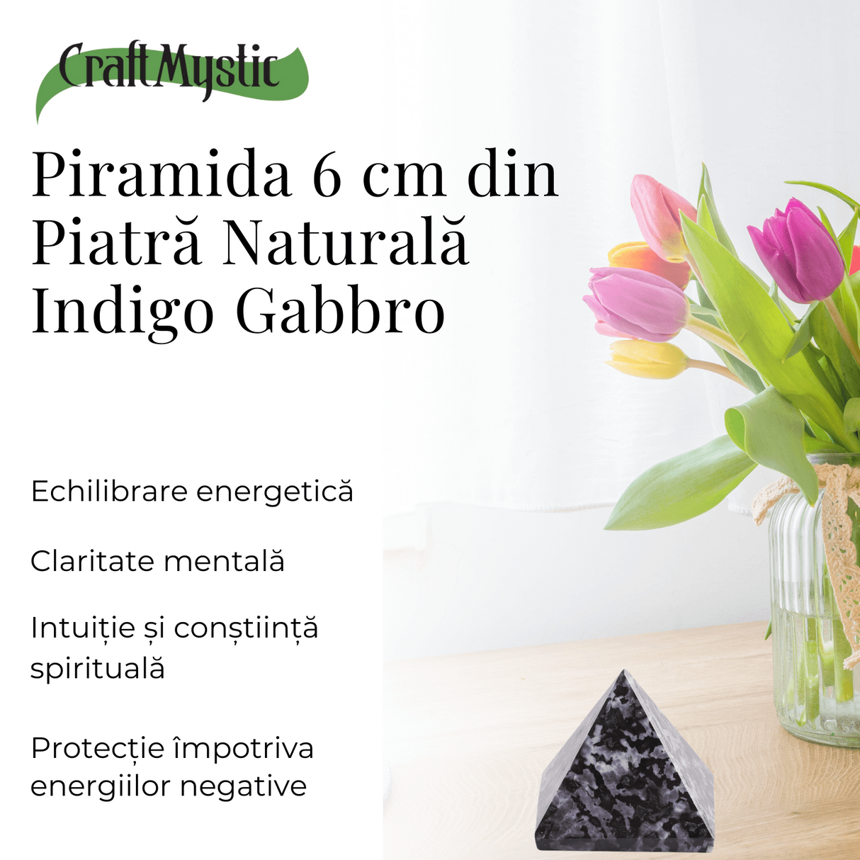Piramida Sculptata Manual 60mm din Piatra Merlinit Mistic sau Indigo Gabbro Natural