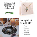 Claritate Mentala si Comunicare Autentica - Colier inox si pandantiv argint 925 placat cu aur de18k si Triplu Apatit