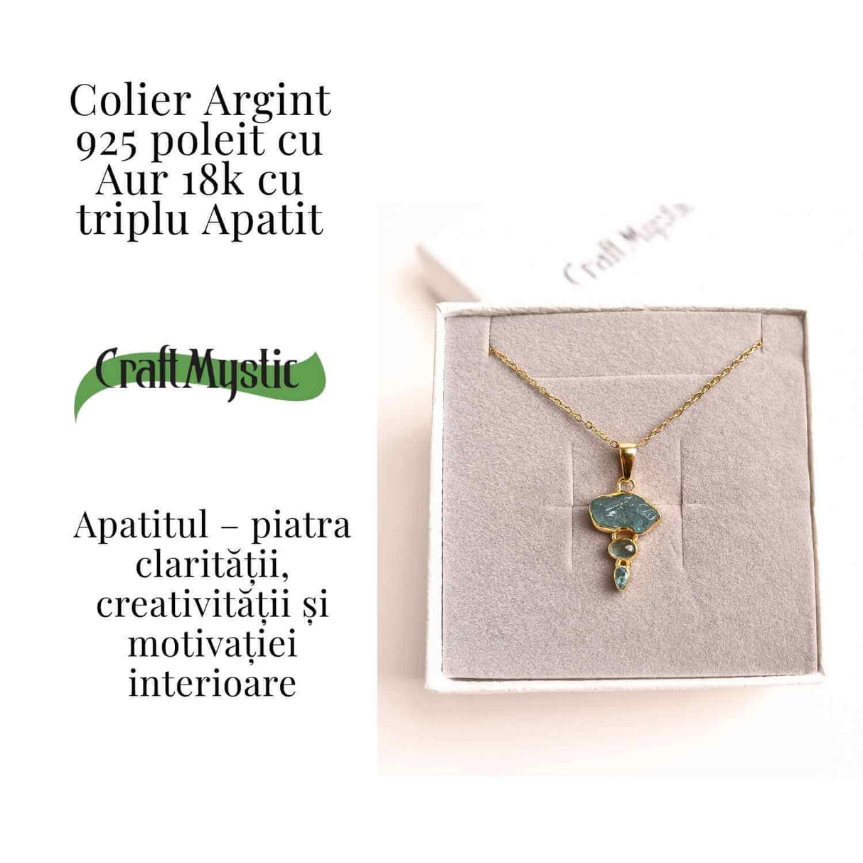 Claritate Mentala si Comunicare Autentica - Colier inox si pandantiv argint 925 placat cu aur de18k si Triplu Apatit