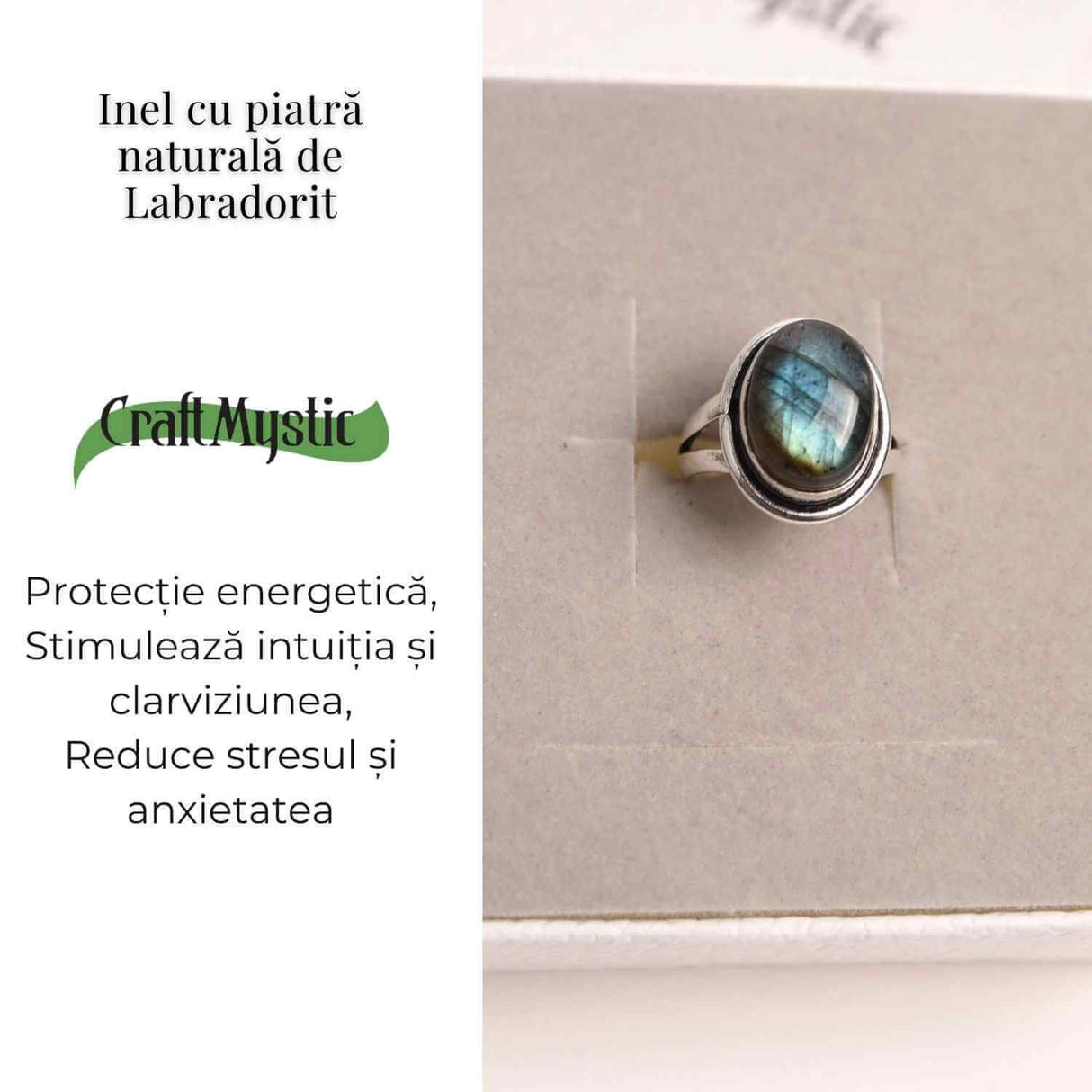 Inel ajustabil argintiu cu labradorit natural - intuitie si protectie