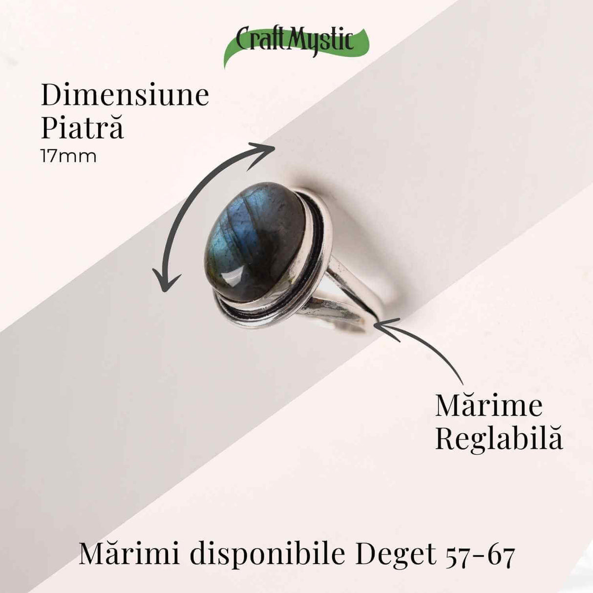 Inel ajustabil argintiu cu labradorit natural - intuitie si protectie